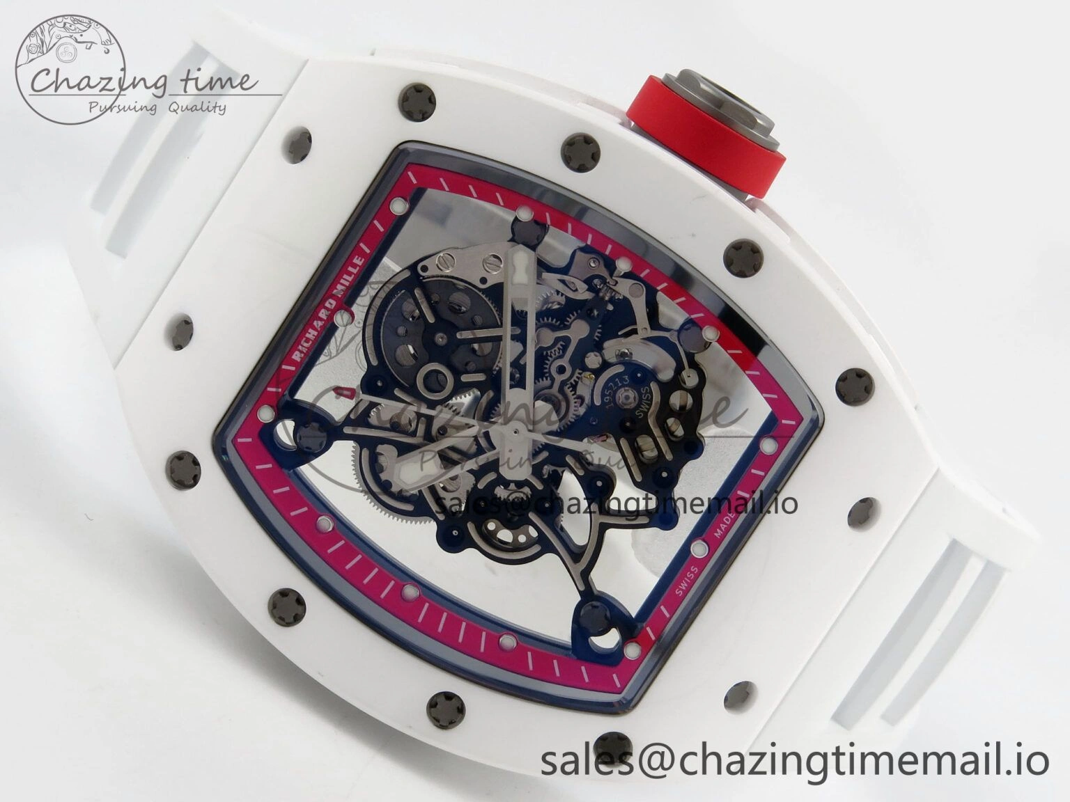 RM055 White Ceramic APSF 1:1 Best Edition Red Inner Bezel on White Rubber Strap RMUL2 Super Clone