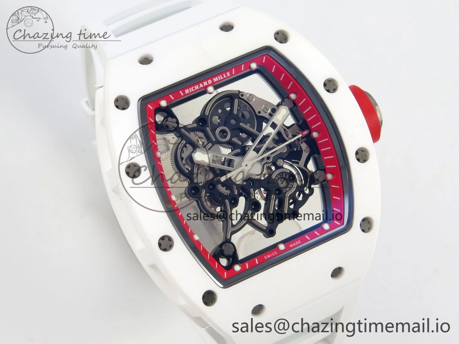 RM055 White Ceramic APSF 1:1 Best Edition Red Inner Bezel on White Rubber Strap RMUL2 Super Clone