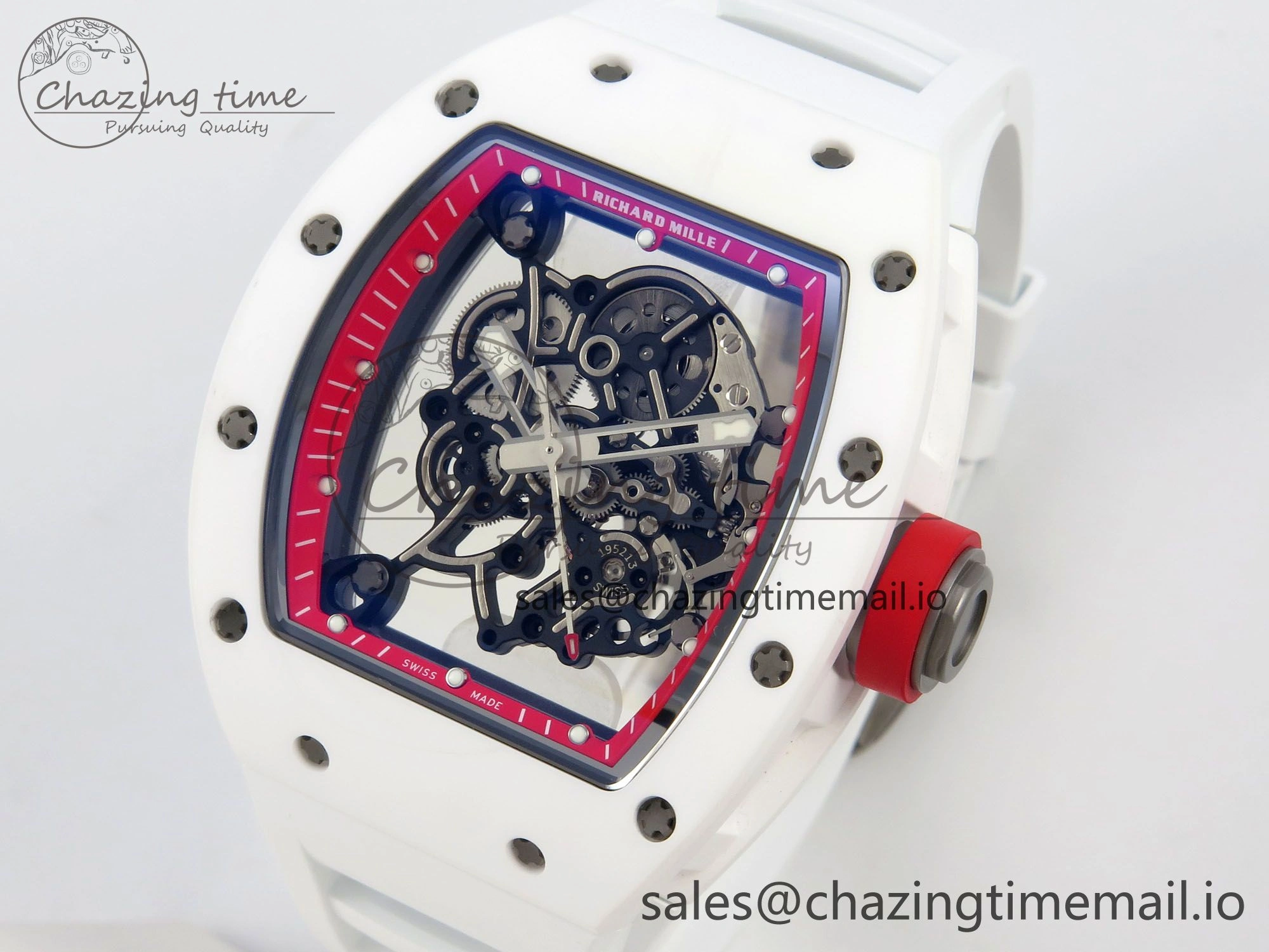 RM055 White Ceramic APSF 1:1 Best Edition Red Inner Bezel on White Rubber Strap RMUL2 Super Clone