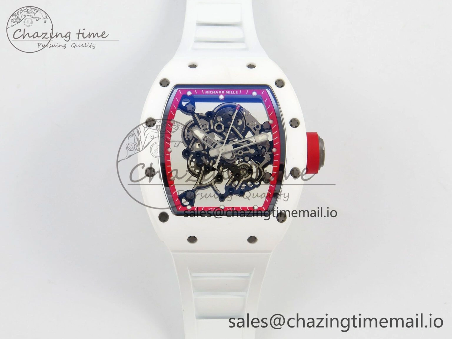 RM055 White Ceramic APSF 1:1 Best Edition Red Inner Bezel on White Rubber Strap RMUL2 Super Clone