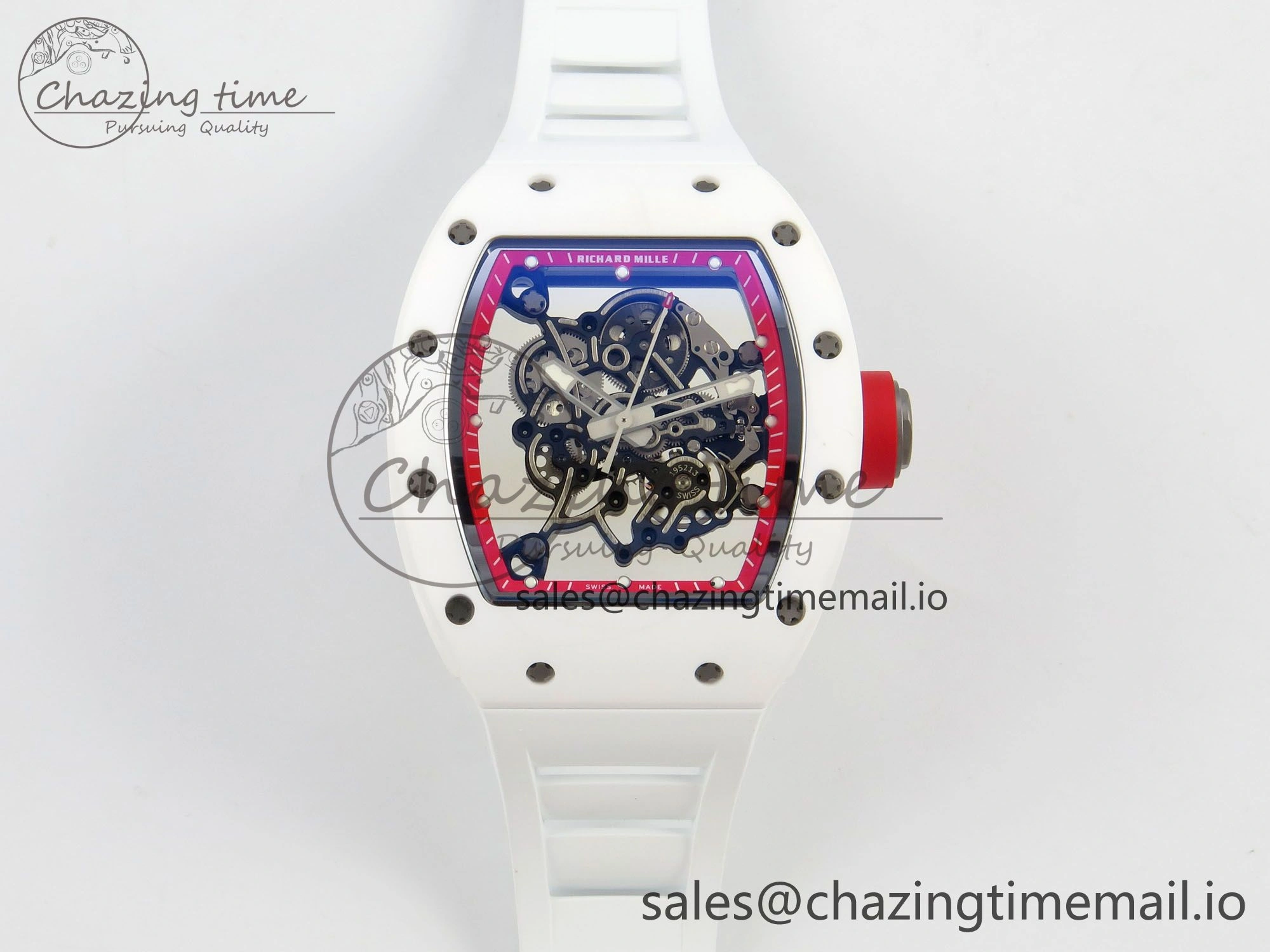 RM055 White Ceramic APSF 1:1 Best Edition Red Inner Bezel on White Rubber Strap RMUL2 Super Clone