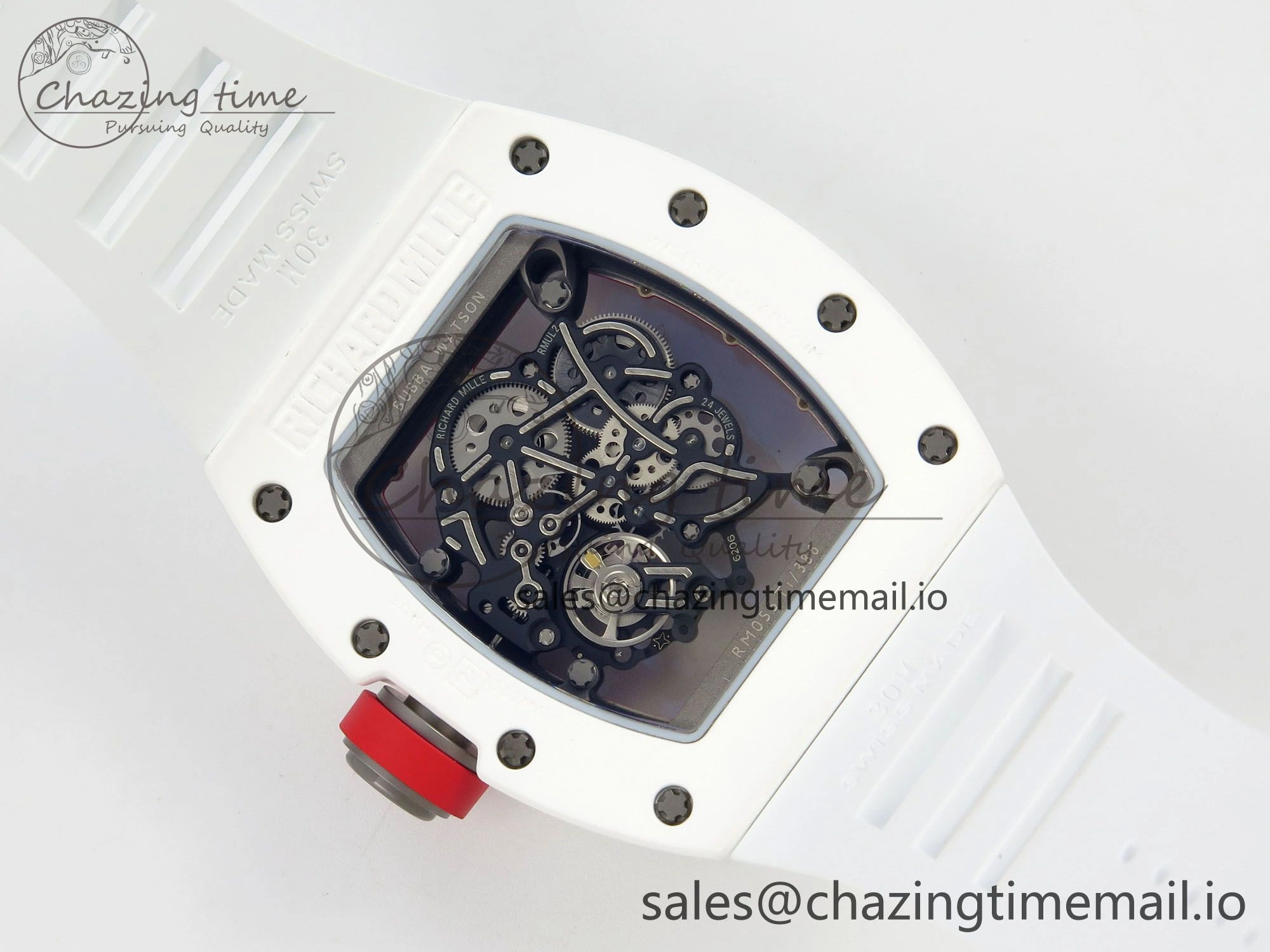 RM055 White Ceramic APSF 1:1 Best Edition Red Inner Bezel on White Rubber Strap RMUL2 Super Clone