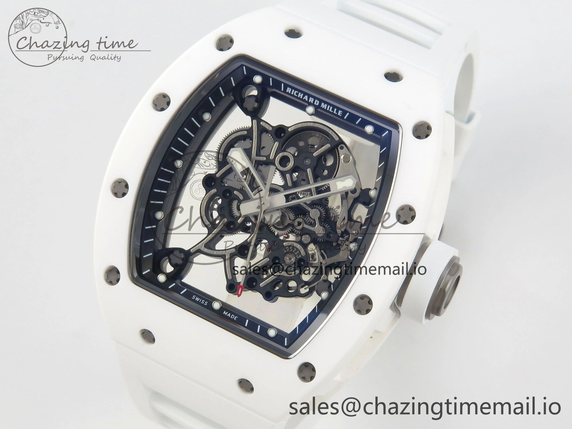 RM055 White Ceramic APSF 1:1 Best Edition Skeleton Dial on White Rubber Strap RMUL2 Super Clone