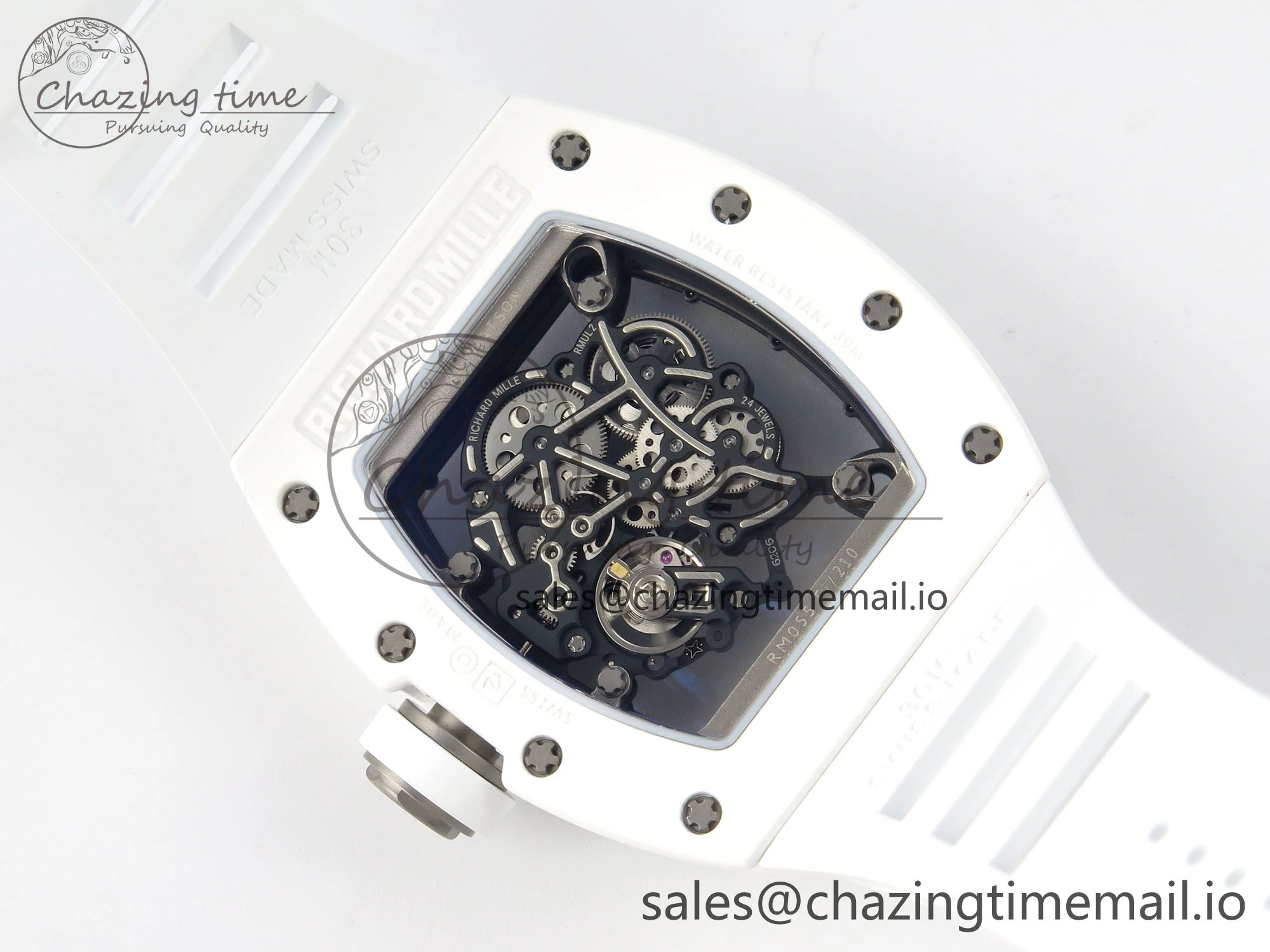 RM055 White Ceramic APSF 1:1 Best Edition Skeleton Dial on White Rubber Strap RMUL2 Super Clone