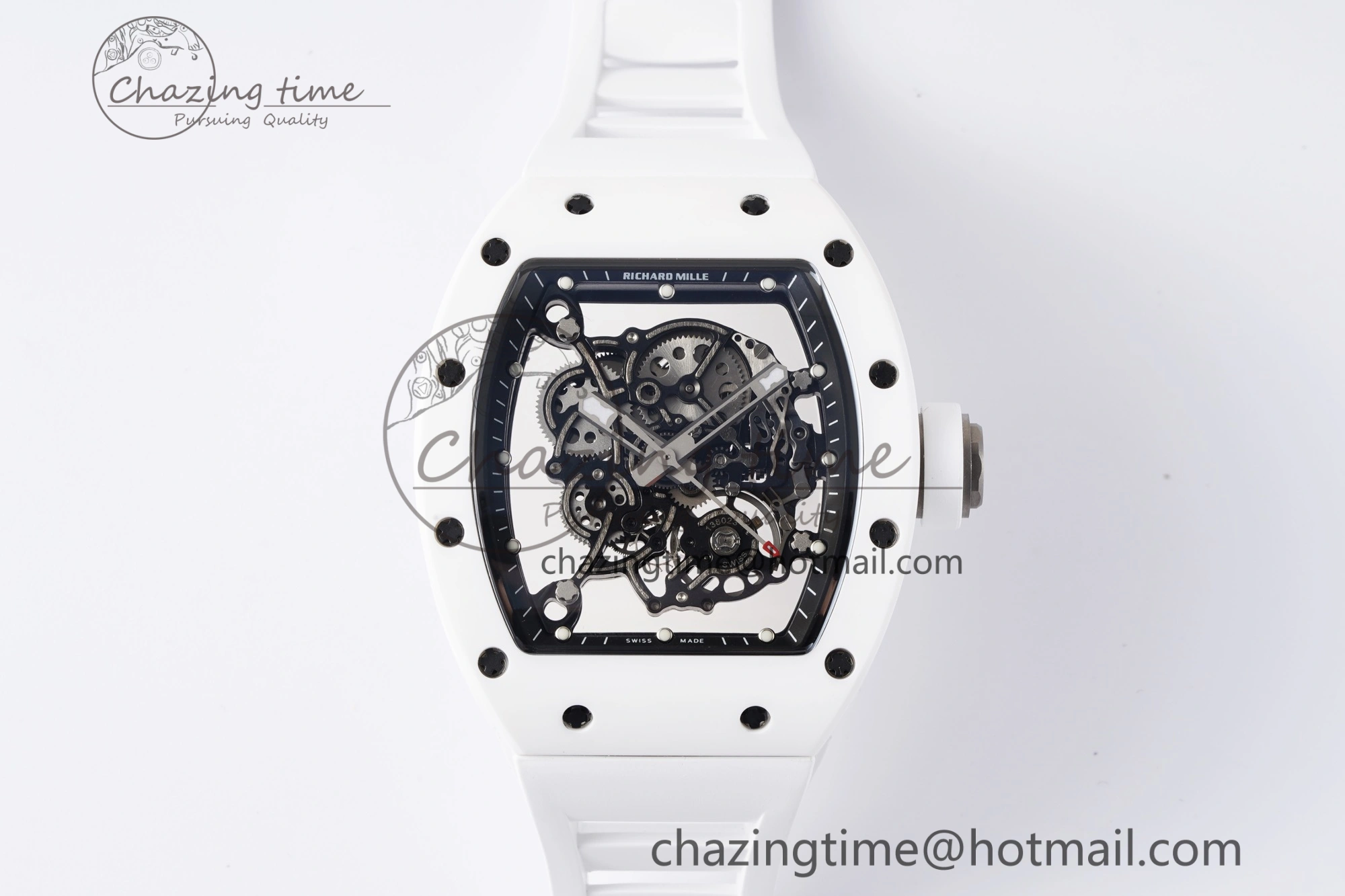 RM055 White Ceramic BBR Best Edition Skeleton Dial on White Rubber Strap Clone RMUL2 V2