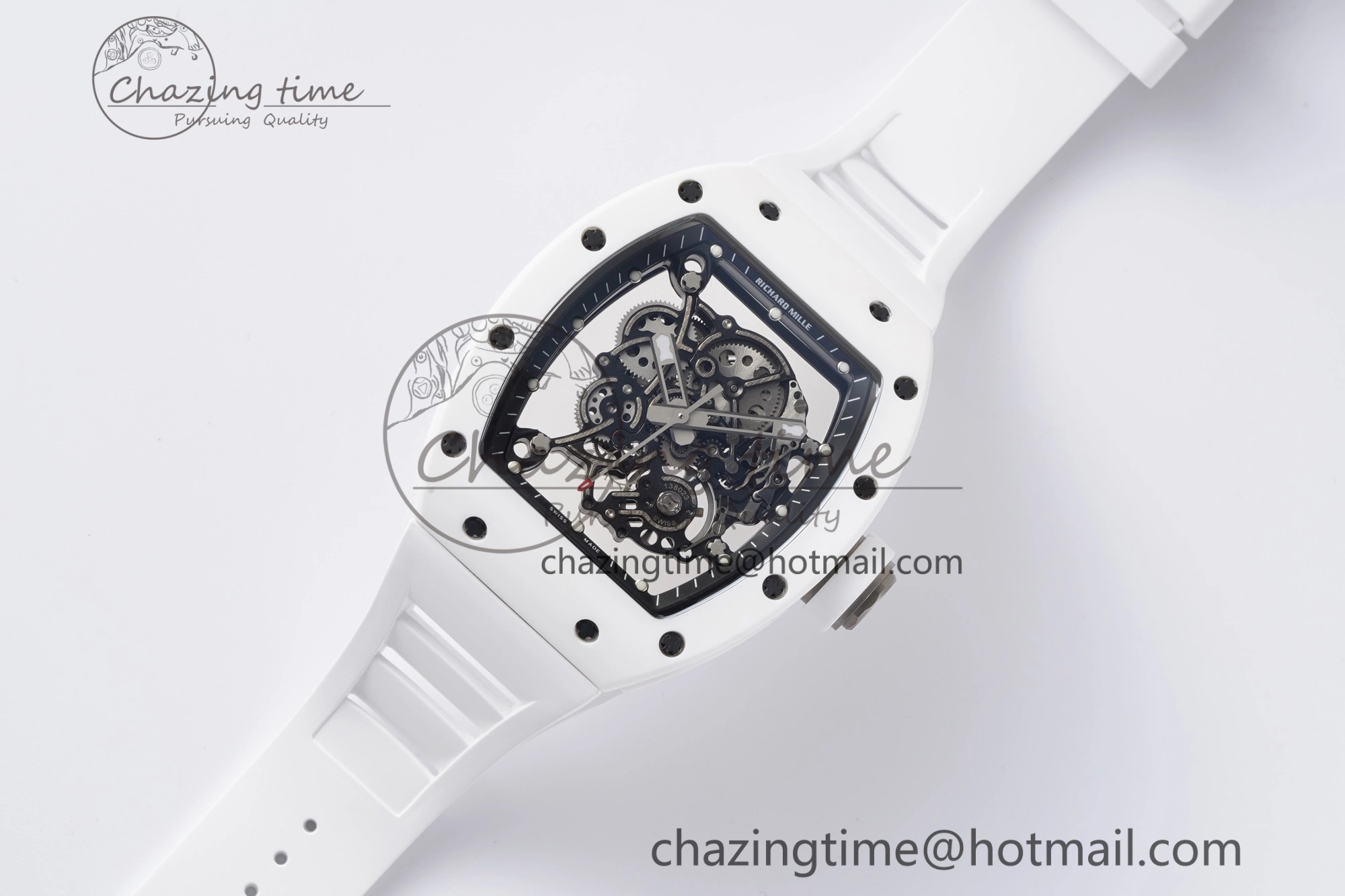 RM055 White Ceramic BBR Best Edition Skeleton Dial on White Rubber Strap Clone RMUL2 V2