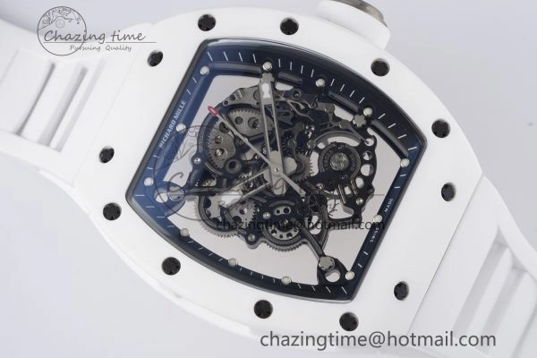RM055 White Ceramic BBR Best Edition Skeleton Dial on White Rubber Strap Clone RMUL2 V2