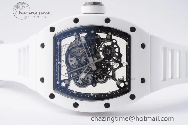 RM055 White Ceramic BBR Best Edition Skeleton Dial on White Rubber Strap Clone RMUL2 V2