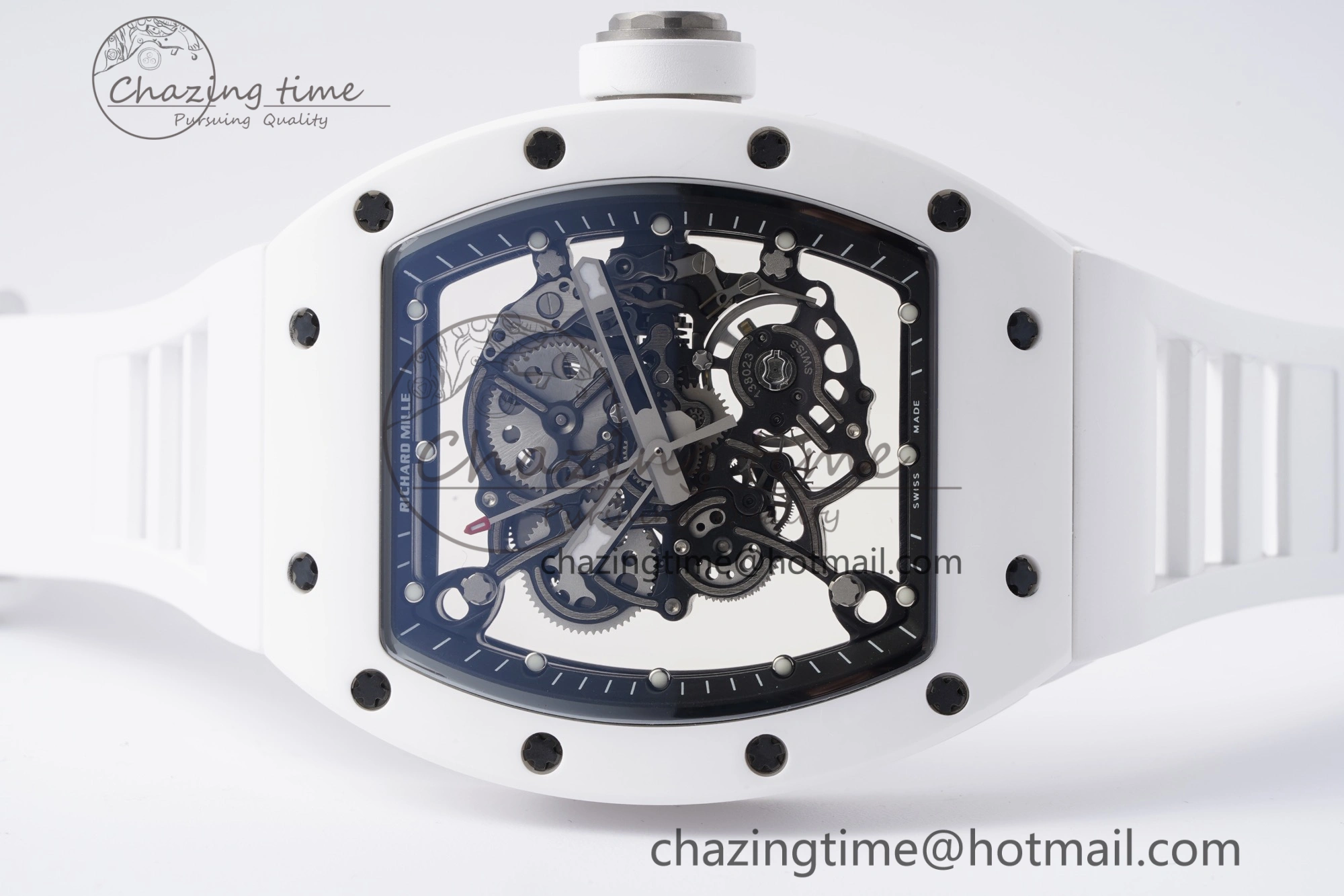 RM055 White Ceramic BBR Best Edition Skeleton Dial on White Rubber Strap Clone RMUL2 V2