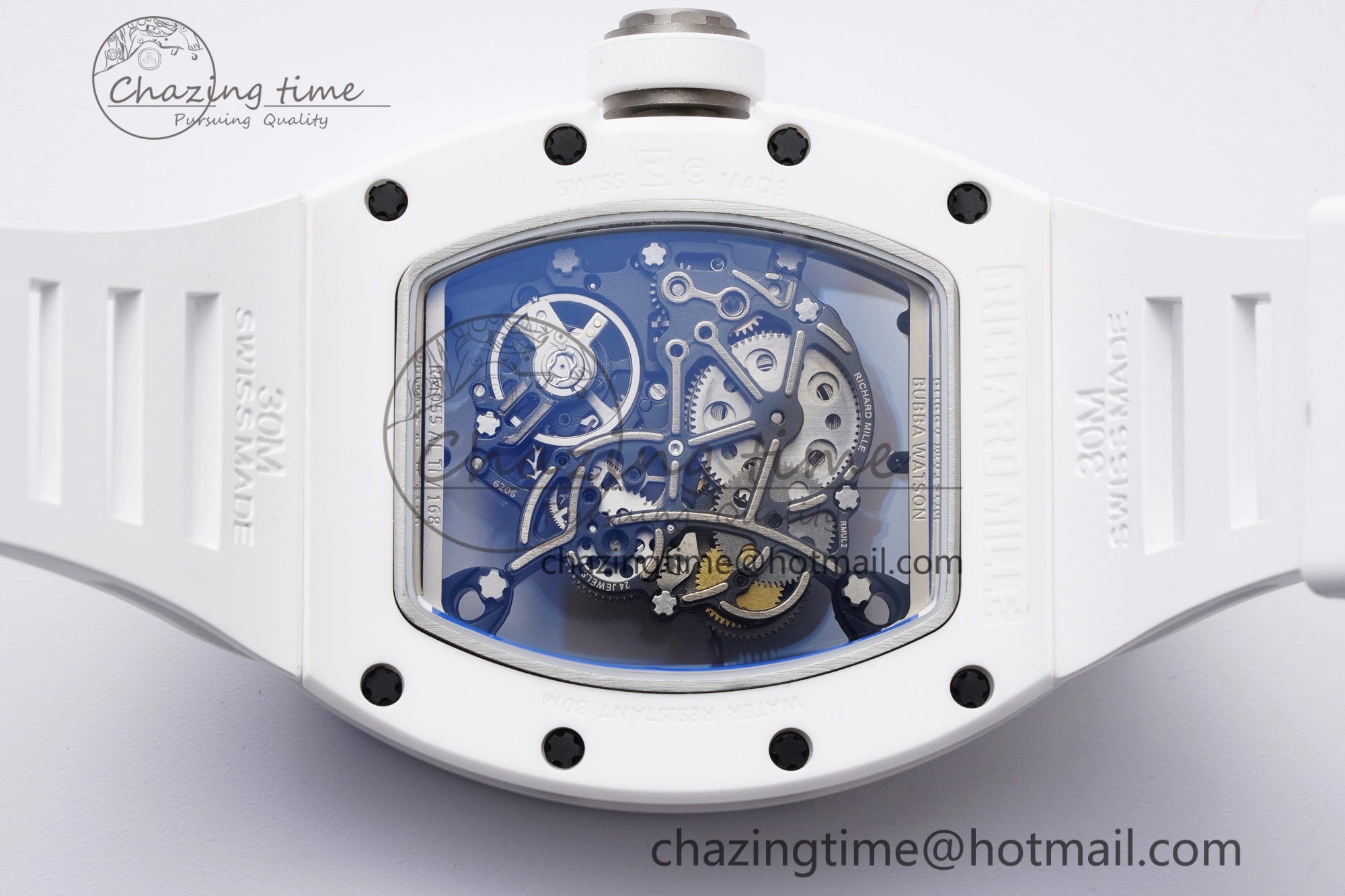 RM055 White Ceramic BBR Best Edition Skeleton Dial on White Rubber Strap Clone RMUL2 V2