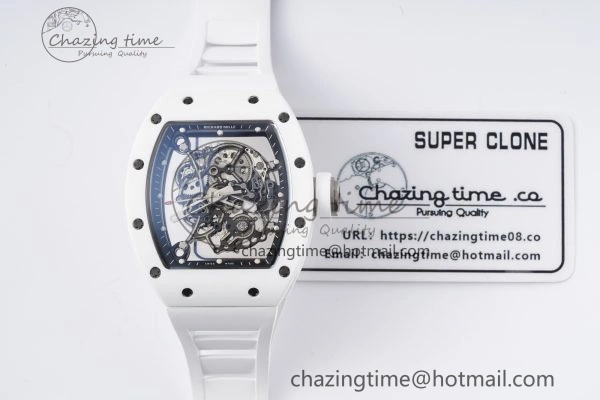 RM055 White Ceramic BBR Best Edition Skeleton Dial on White Rubber Strap Clone RMUL2 V2