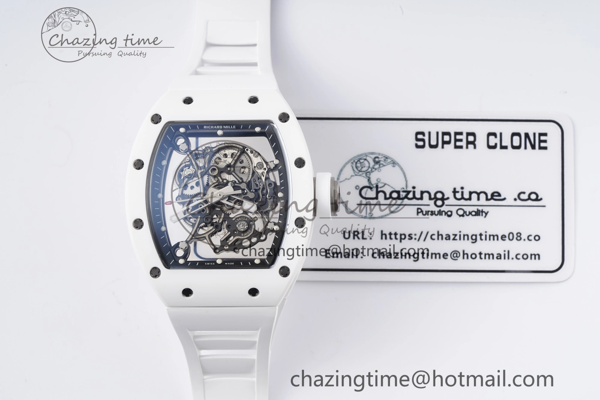 RM055 White Ceramic BBR Best Edition Skeleton Dial on White Rubber Strap Clone RMUL2 V2