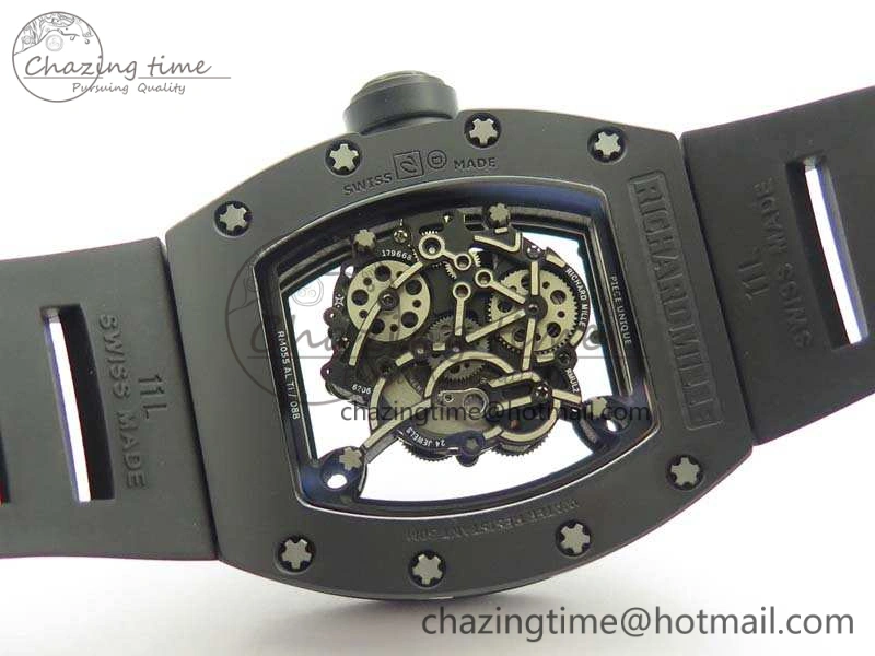 RM055 White Ceramic Case KVF Best Edition Ceramic Bezel Skeleton Dial On Black Rubber Strap MIYOTA8215