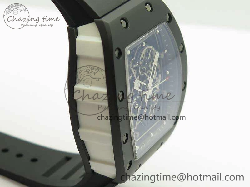 RM055 White Ceramic Case KVF Best Edition Ceramic Bezel Skeleton Dial On Black Rubber Strap MIYOTA8215