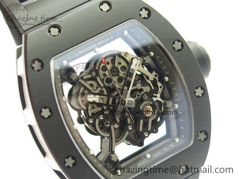 RM055 White Ceramic Case KVF Best Edition Ceramic Bezel Skeleton Dial On Black Rubber Strap MIYOTA8215