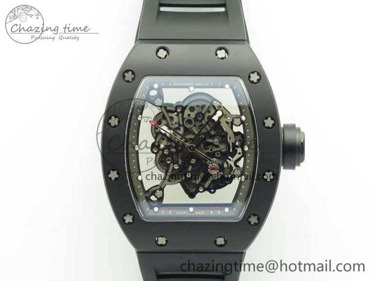 RM055 White Ceramic Case KVF Best Edition Ceramic Bezel Skeleton Dial On Black Rubber Strap MIYOTA8215
