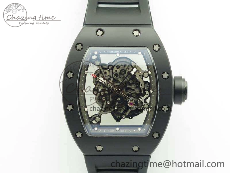 RM055 White Ceramic Case KVF Best Edition Ceramic Bezel Skeleton Dial On Black Rubber Strap MIYOTA8215