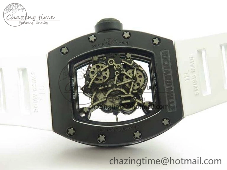 RM055 White Ceramic Case KVF Best Edition Ceramic Bezel Skeleton Dial On White Rubber Strap MIYOTA8215