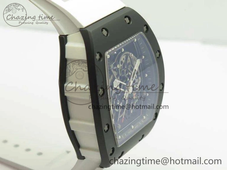 RM055 White Ceramic Case KVF Best Edition Ceramic Bezel Skeleton Dial On White Rubber Strap MIYOTA8215