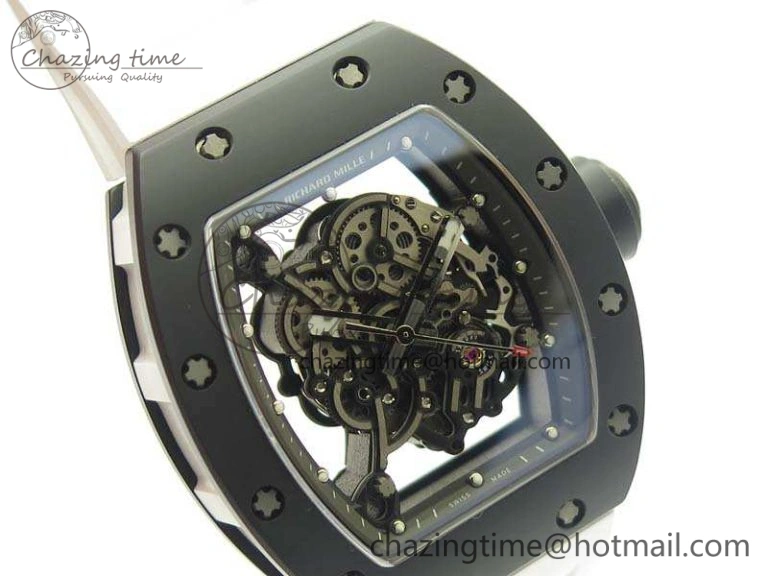 RM055 White Ceramic Case KVF Best Edition Ceramic Bezel Skeleton Dial On White Rubber Strap MIYOTA8215