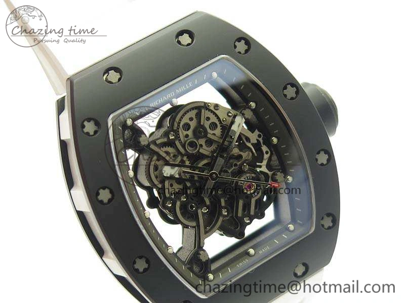 RM055 White Ceramic Case KVF Best Edition Ceramic Bezel Skeleton Dial On White Rubber Strap MIYOTA8215