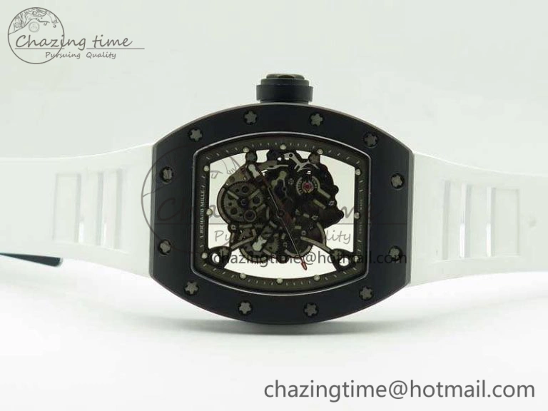 RM055 White Ceramic Case KVF Best Edition Ceramic Bezel Skeleton Dial On White Rubber Strap MIYOTA8215