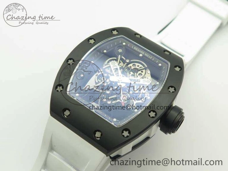 RM055 White Ceramic Case KVF Best Edition Ceramic Bezel Skeleton Dial On White Rubber Strap MIYOTA8215