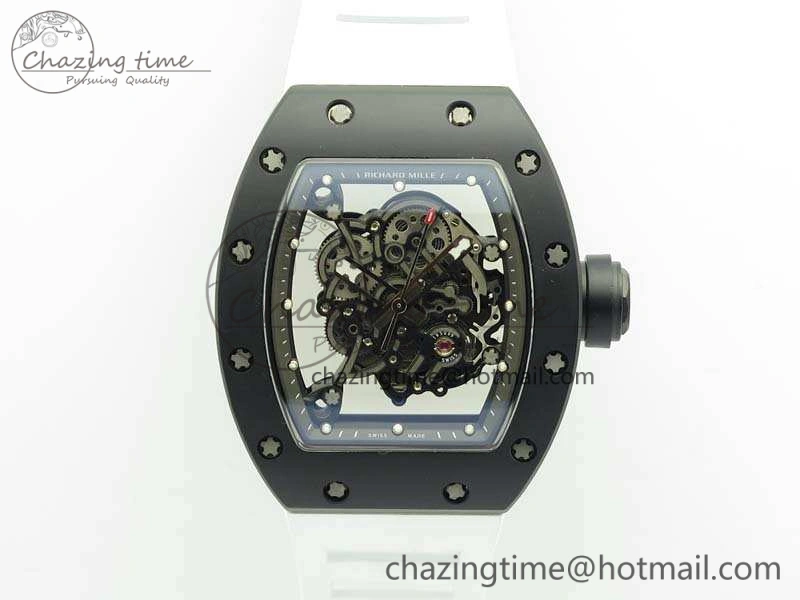 RM055 White Ceramic Case KVF Best Edition Ceramic Bezel Skeleton Dial On White Rubber Strap MIYOTA8215