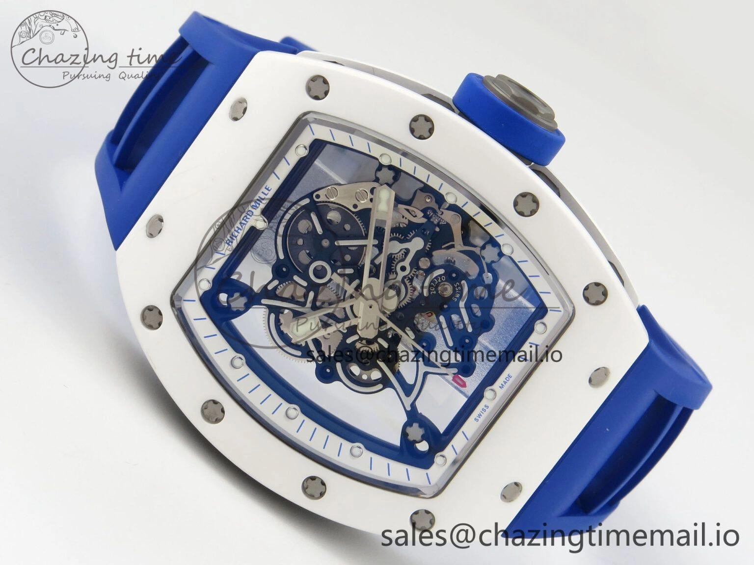 RM055 White Ceramic Japan Edition MLF 1:1 Best Edition on Deep Blue Rubber Strap RMUL2 Super Clone