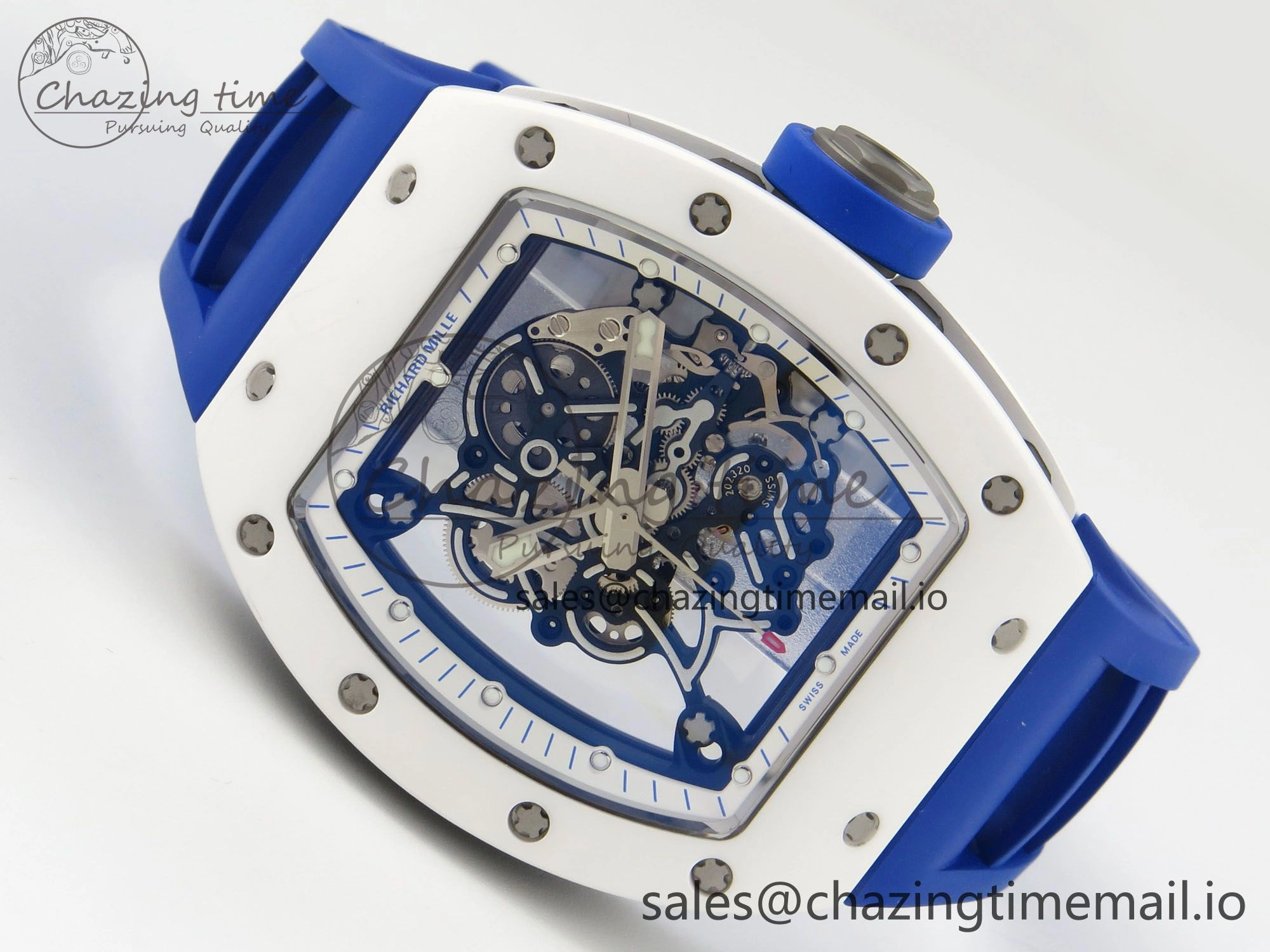 RM055 White Ceramic Japan Edition MLF 1:1 Best Edition on Deep Blue Rubber Strap RMUL2 Super Clone