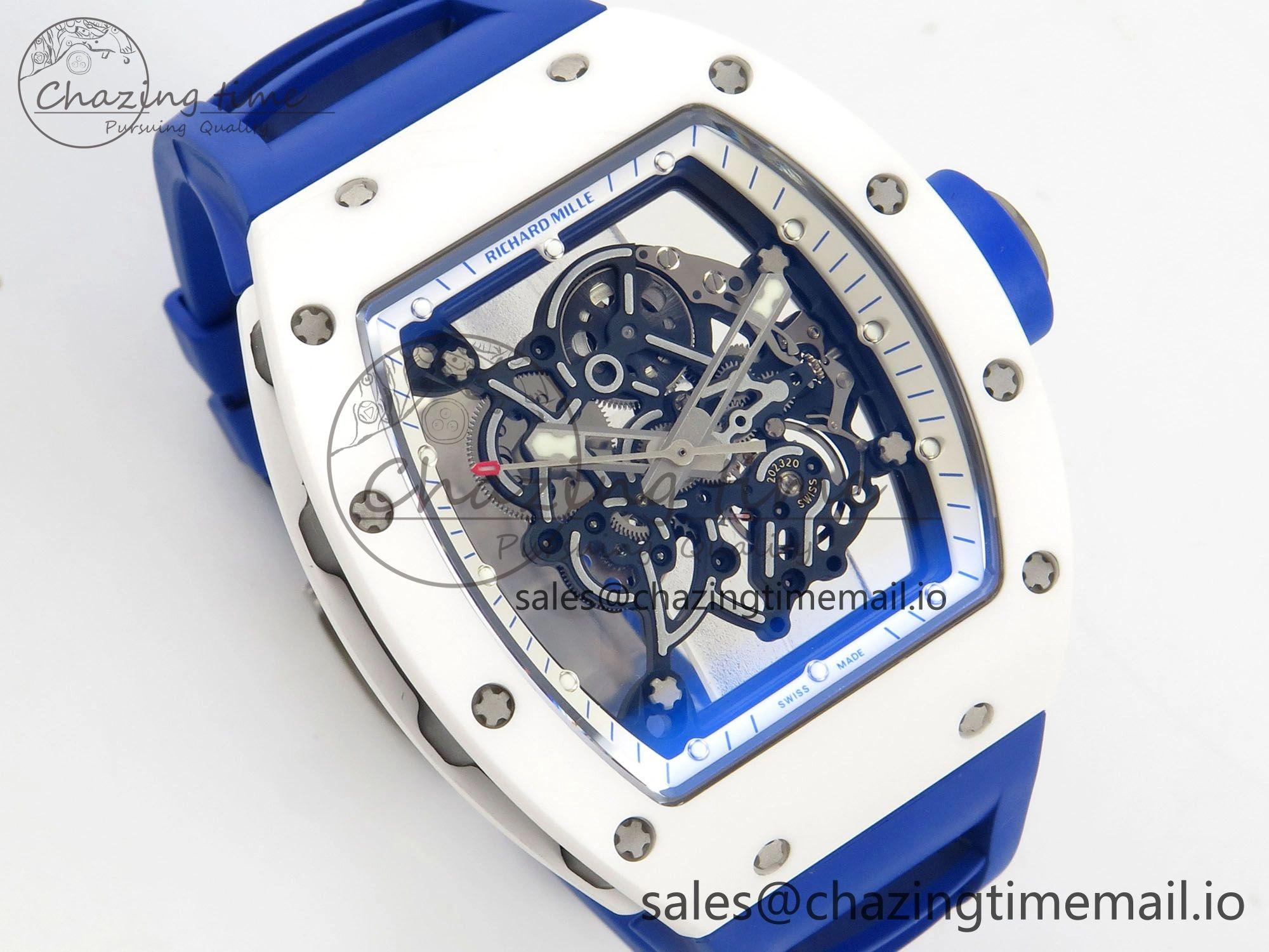 RM055 White Ceramic Japan Edition MLF 1:1 Best Edition on Deep Blue Rubber Strap RMUL2 Super Clone