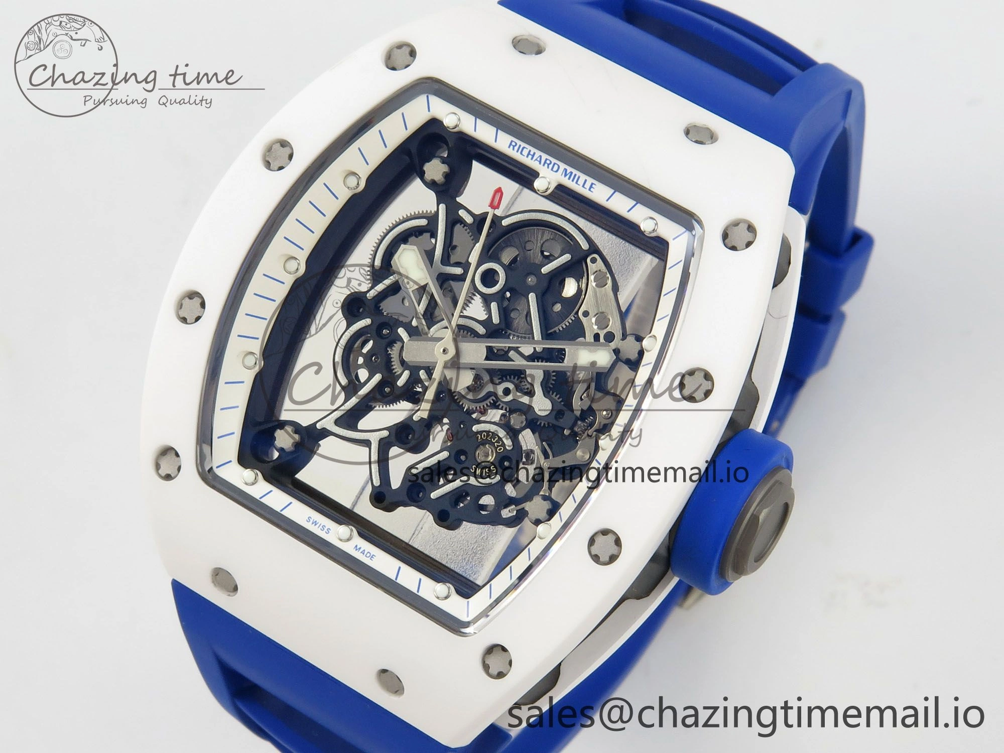 RM055 White Ceramic Japan Edition MLF 1:1 Best Edition on Deep Blue Rubber Strap RMUL2 Super Clone