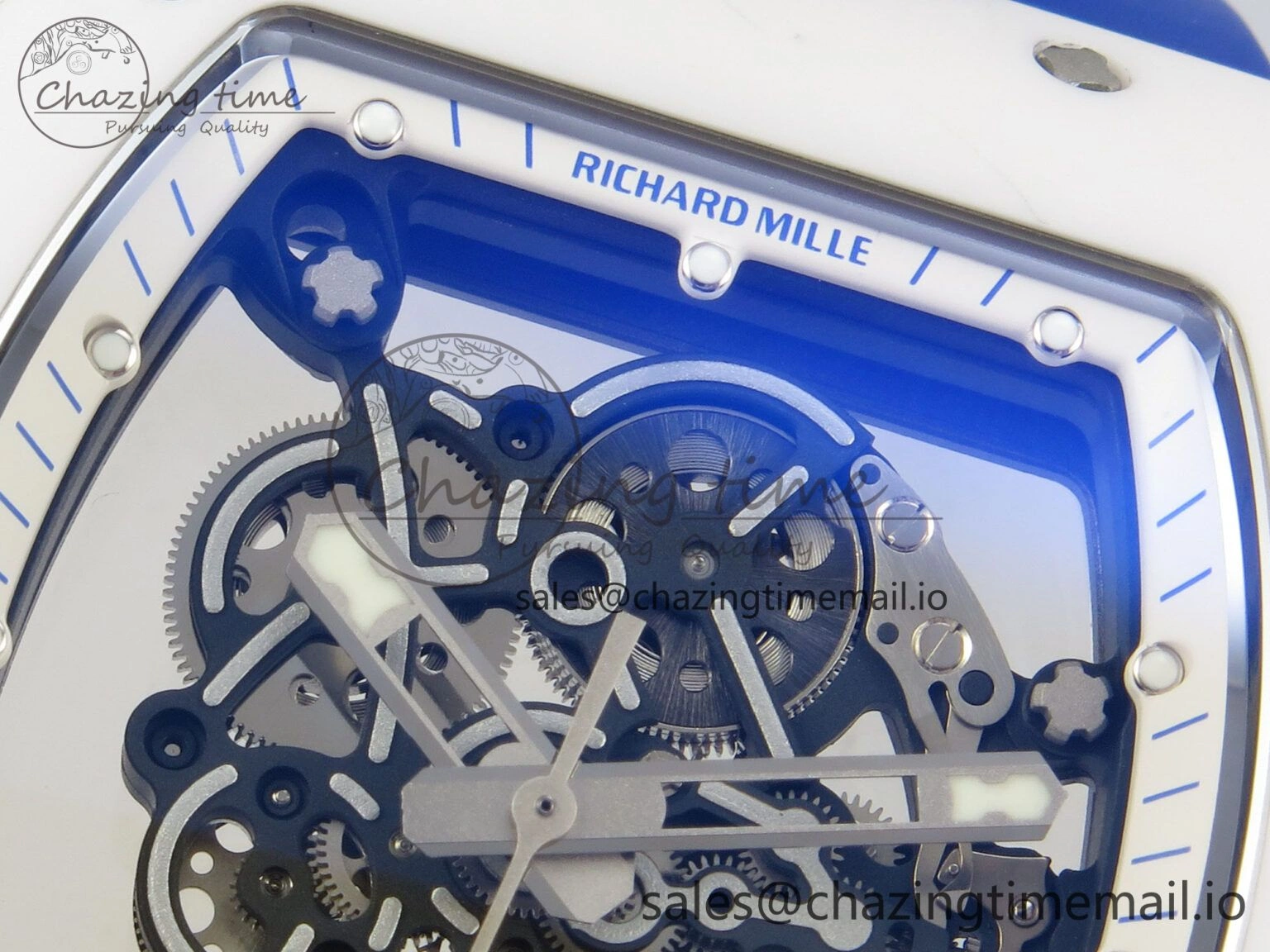 RM055 White Ceramic Japan Edition MLF 1:1 Best Edition on Deep Blue Rubber Strap RMUL2 Super Clone
