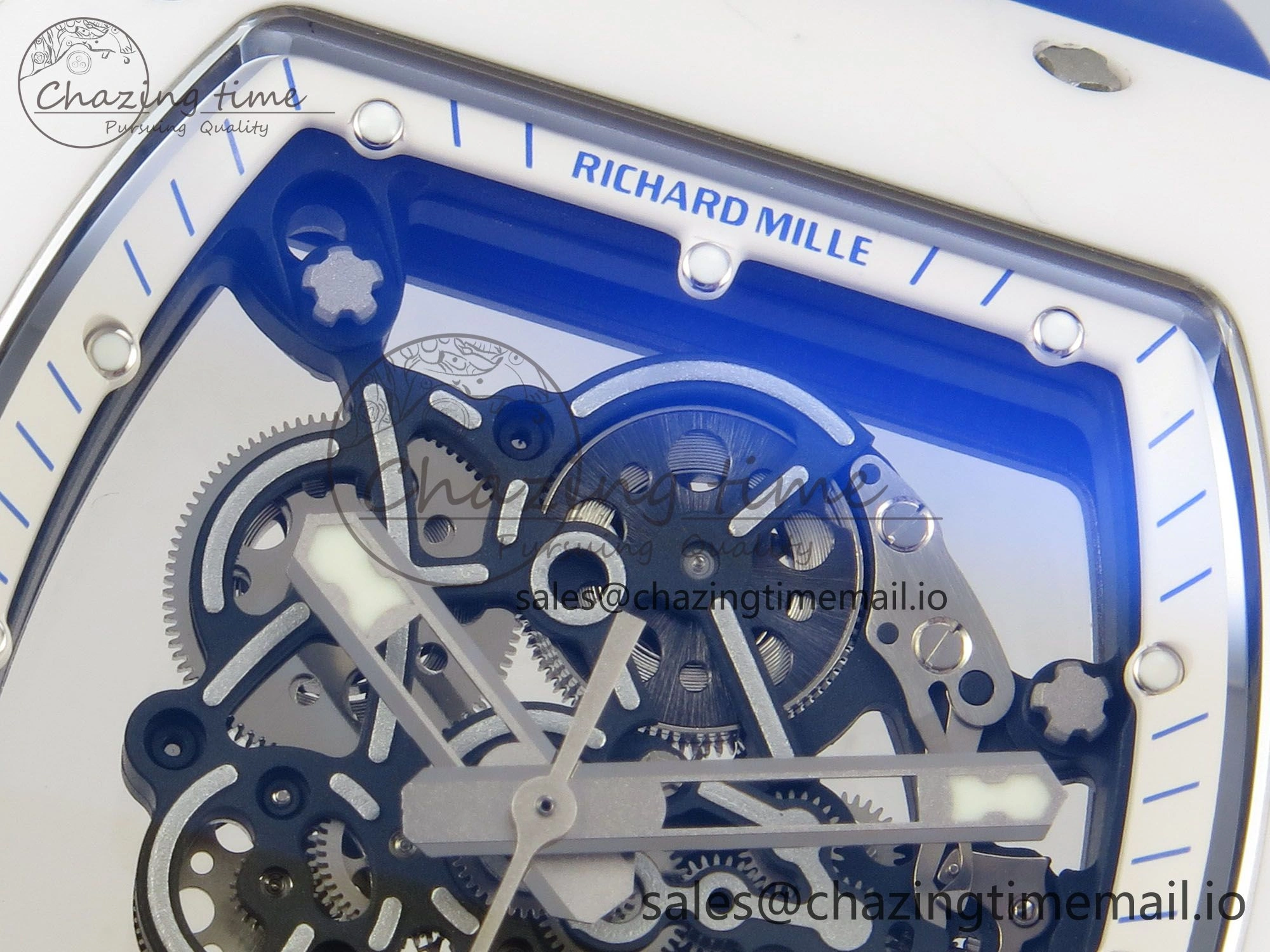 RM055 White Ceramic Japan Edition MLF 1:1 Best Edition on Deep Blue Rubber Strap RMUL2 Super Clone