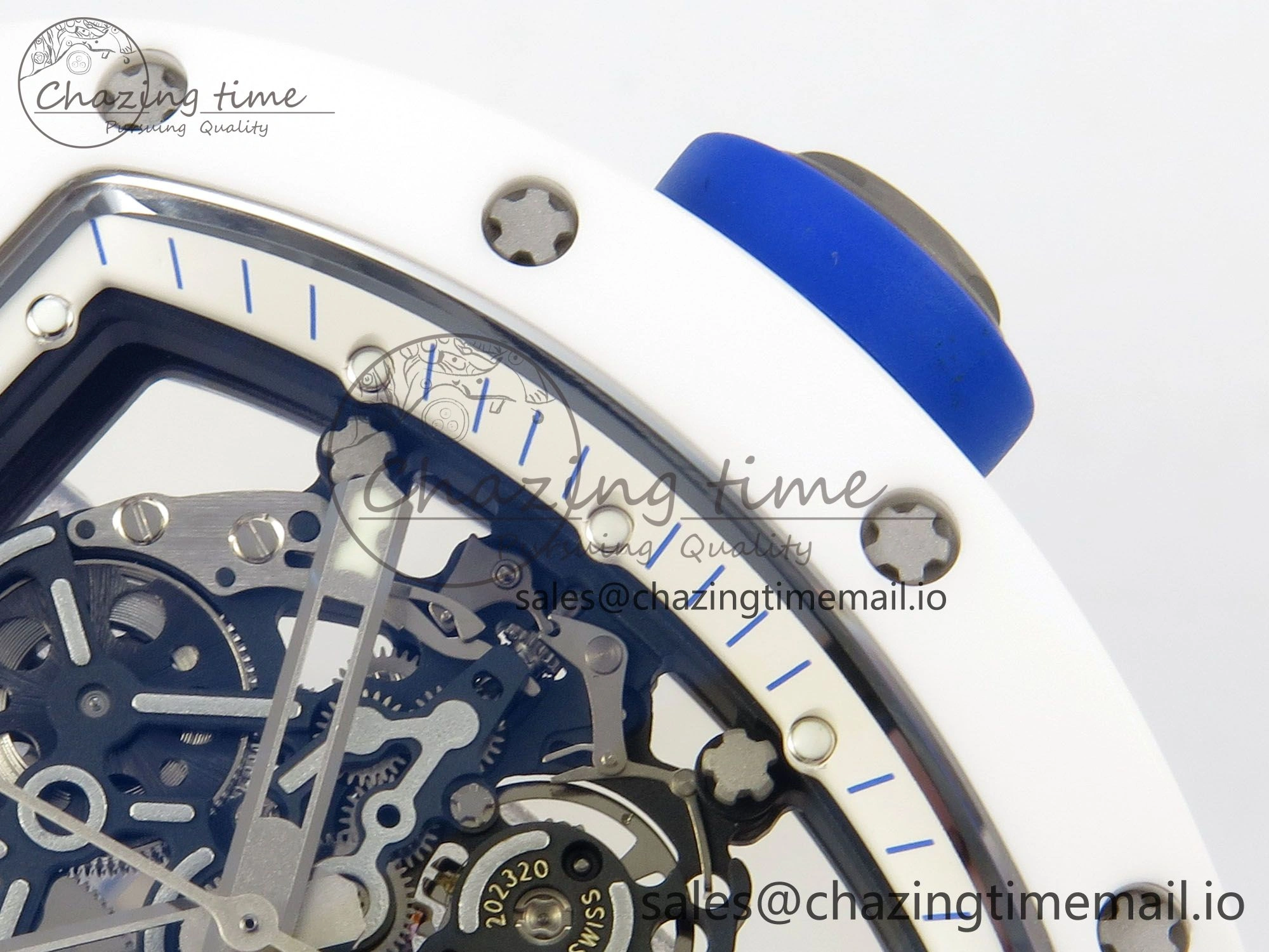 RM055 White Ceramic Japan Edition MLF 1:1 Best Edition on Deep Blue Rubber Strap RMUL2 Super Clone