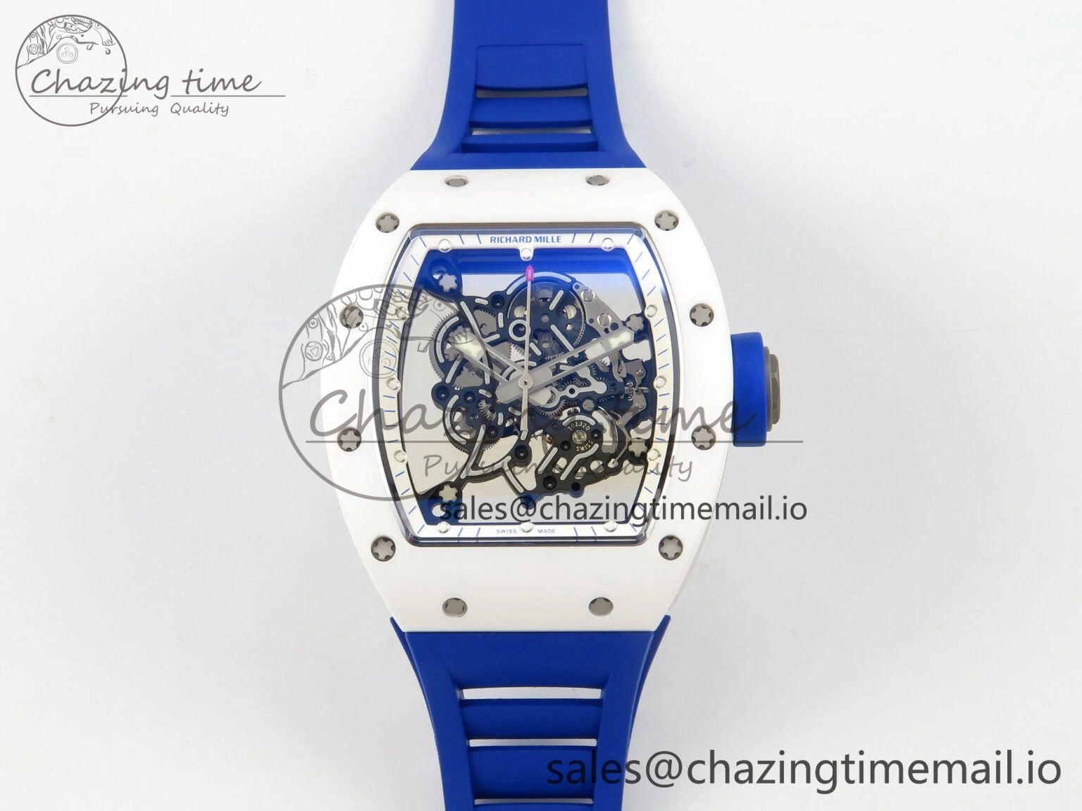 RM055 White Ceramic Japan Edition MLF 1:1 Best Edition on Deep Blue Rubber Strap RMUL2 Super Clone