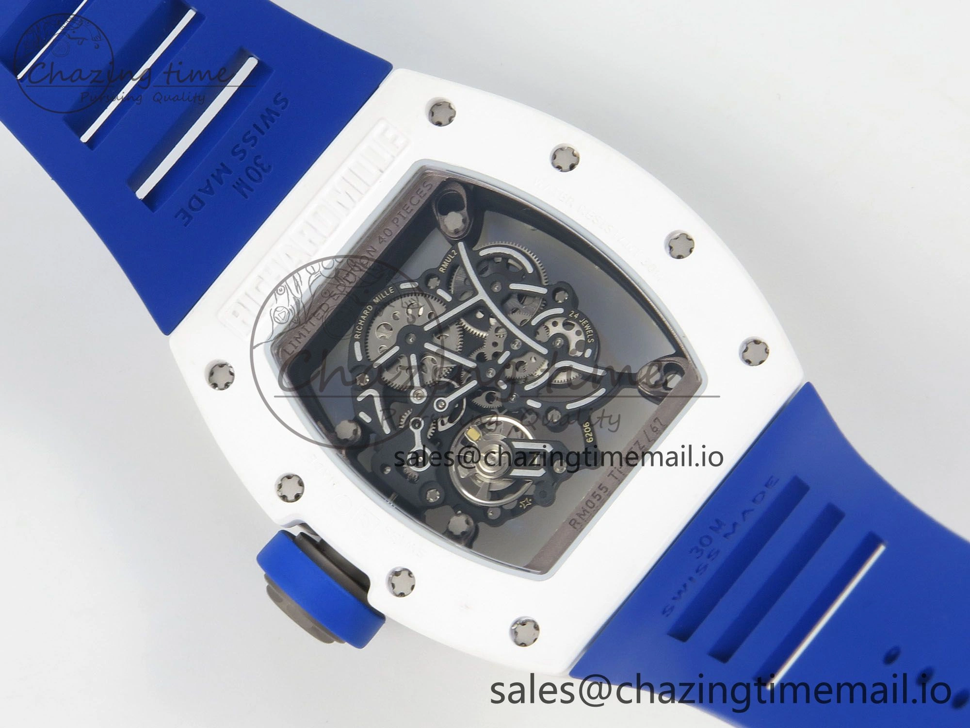 RM055 White Ceramic Japan Edition MLF 1:1 Best Edition on Deep Blue Rubber Strap RMUL2 Super Clone