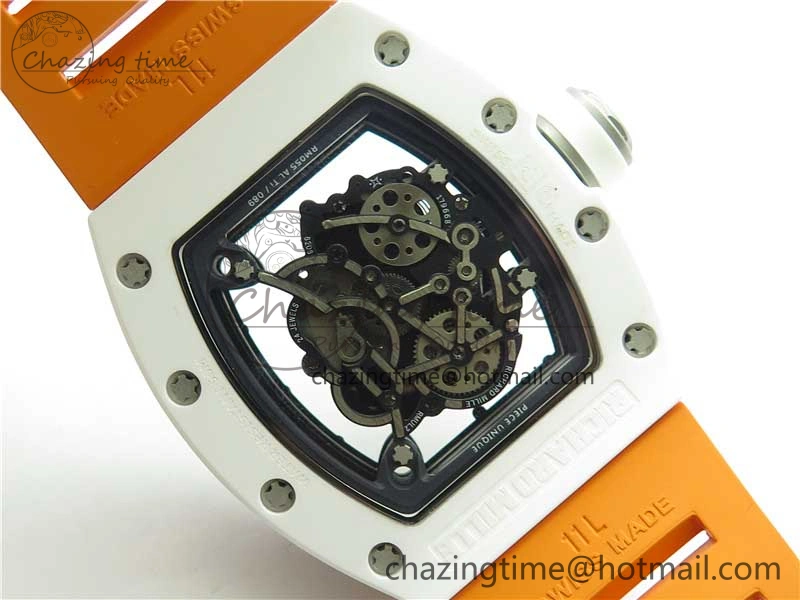RM055 White Ceramic KVF Best Edition Skeleton Dial Black on Orange Rubber Strap MIYOTA8215 V3