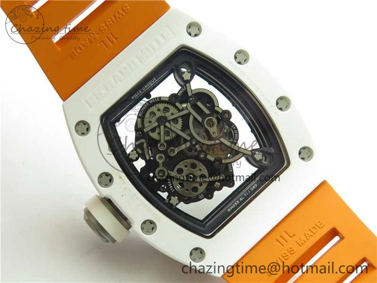 RM055 White Ceramic KVF Best Edition Skeleton Dial Black on Orange Rubber Strap MIYOTA8215 V3