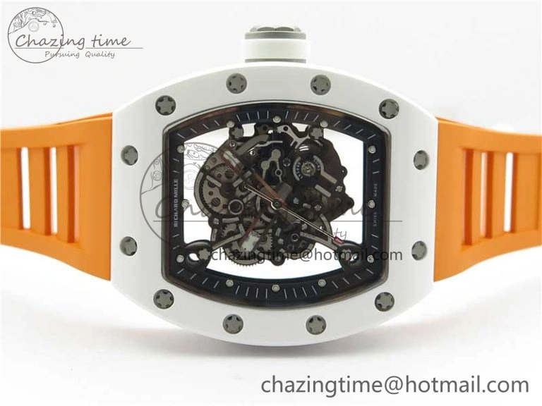 RM055 White Ceramic KVF Best Edition Skeleton Dial Black on Orange Rubber Strap MIYOTA8215 V3