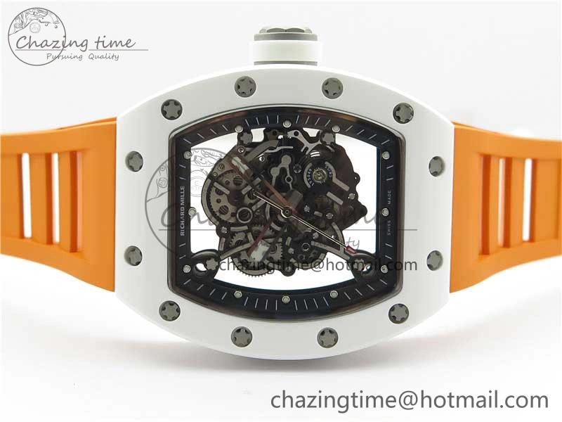 RM055 White Ceramic KVF Best Edition Skeleton Dial Black on Orange Rubber Strap MIYOTA8215 V3