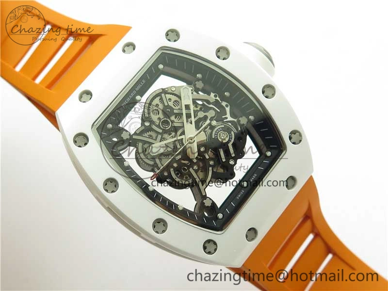 RM055 White Ceramic KVF Best Edition Skeleton Dial Black on Orange Rubber Strap MIYOTA8215 V3