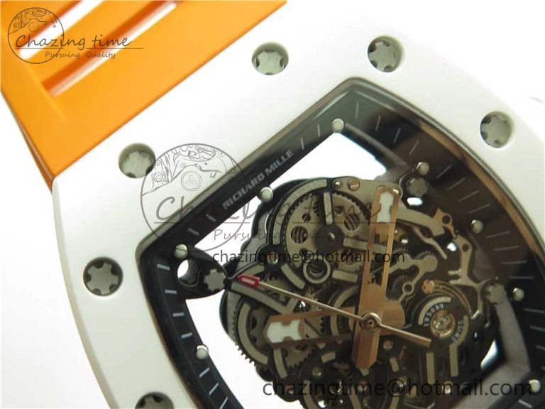 RM055 White Ceramic KVF Best Edition Skeleton Dial Black on Orange Rubber Strap MIYOTA8215 V3