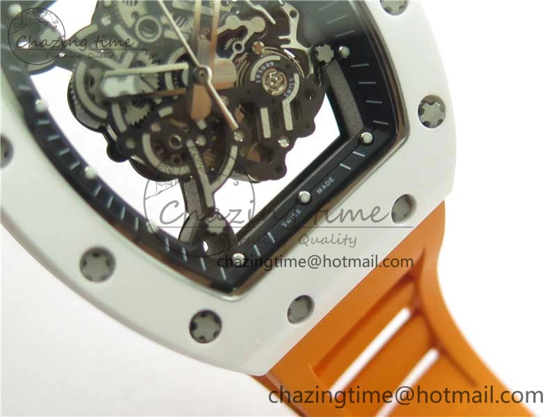 RM055 White Ceramic KVF Best Edition Skeleton Dial Black on Orange Rubber Strap MIYOTA8215 V3