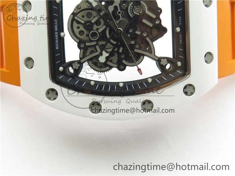 RM055 White Ceramic KVF Best Edition Skeleton Dial Black on Orange Rubber Strap MIYOTA8215 V3