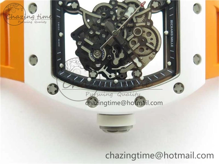 RM055 White Ceramic KVF Best Edition Skeleton Dial Black on Orange Rubber Strap MIYOTA8215 V3