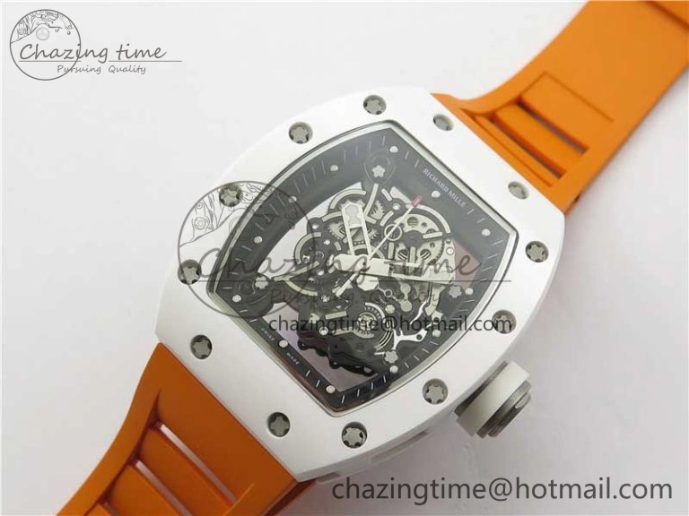 RM055 White Ceramic KVF Best Edition Skeleton Dial Black on Orange Rubber Strap MIYOTA8215 V3