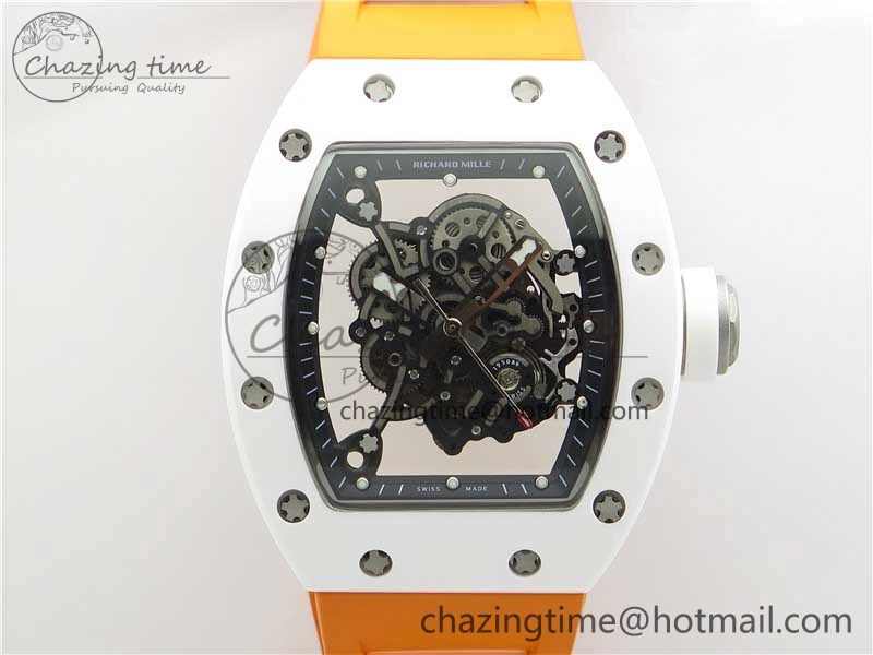 RM055 White Ceramic KVF Best Edition Skeleton Dial Black on Orange Rubber Strap MIYOTA8215 V3