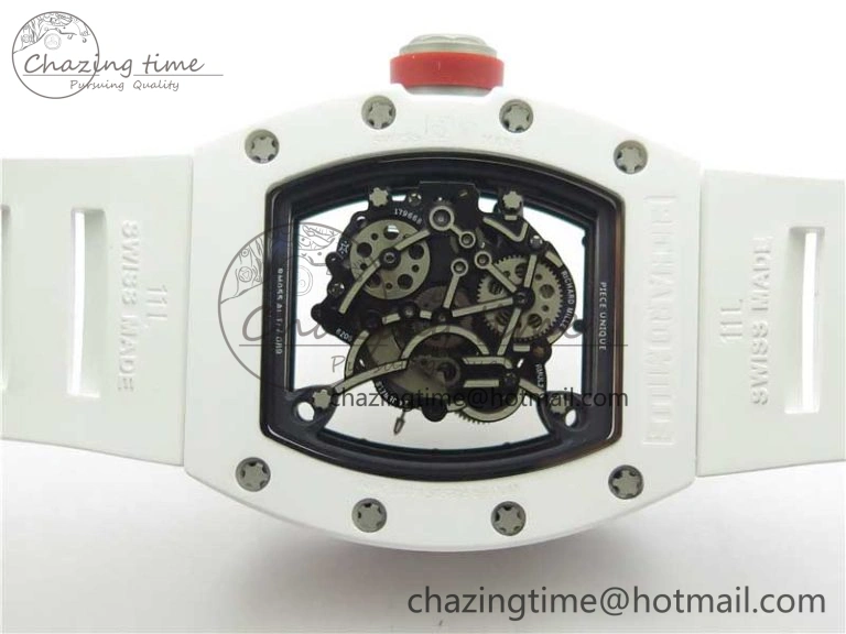RM055 White Ceramic KVF Best Edition Skeleton Dial Black on White Rubber Strap MIYOTA8215 V3