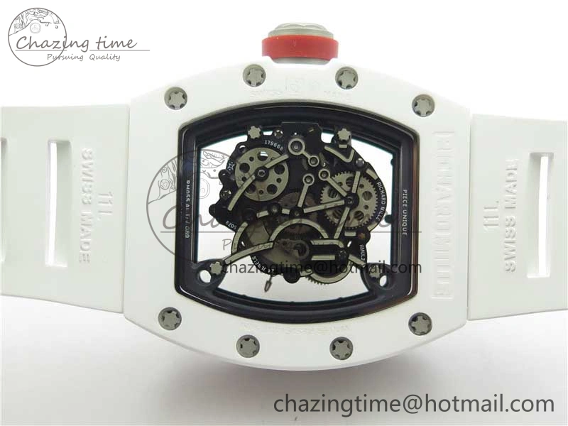 RM055 White Ceramic KVF Best Edition Skeleton Dial Black on White Rubber Strap MIYOTA8215 V3